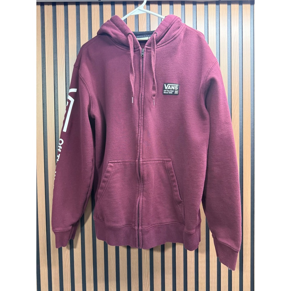 Vans Off The Wall Mens Burgundy Full Zip Hoodie Graphic Sleeve Maroon Size M